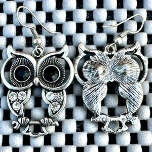 🦉Elegant Silver OWL Pierced Earrings With Black highlights accents & Bling